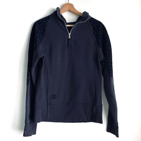 Lululemon floral flocked back zip pullover front pocket navy blue size 6 - Picture 3 of 11